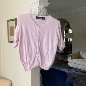 Eagles Eye Pink Sweater Button Front & Dainty Crocheted Trim 100% Cotton L